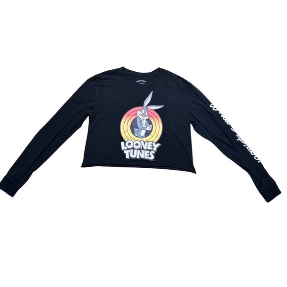 Looney Tunes Bugs Bunny Black Long Sleeve Cropped Tee With Retro Rainbow Graphic - Picture 1 of 9